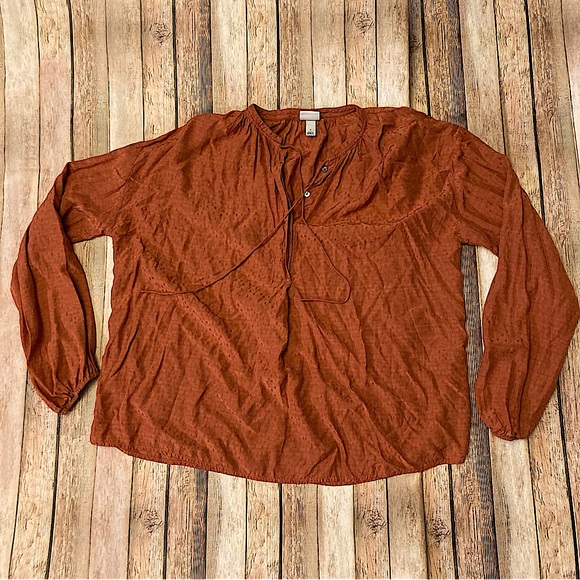A•new Day Boho Style Women’s Sz L V-neck Shimmery Rust Rayon Drawstring Opt Top - Picture 1 of 10